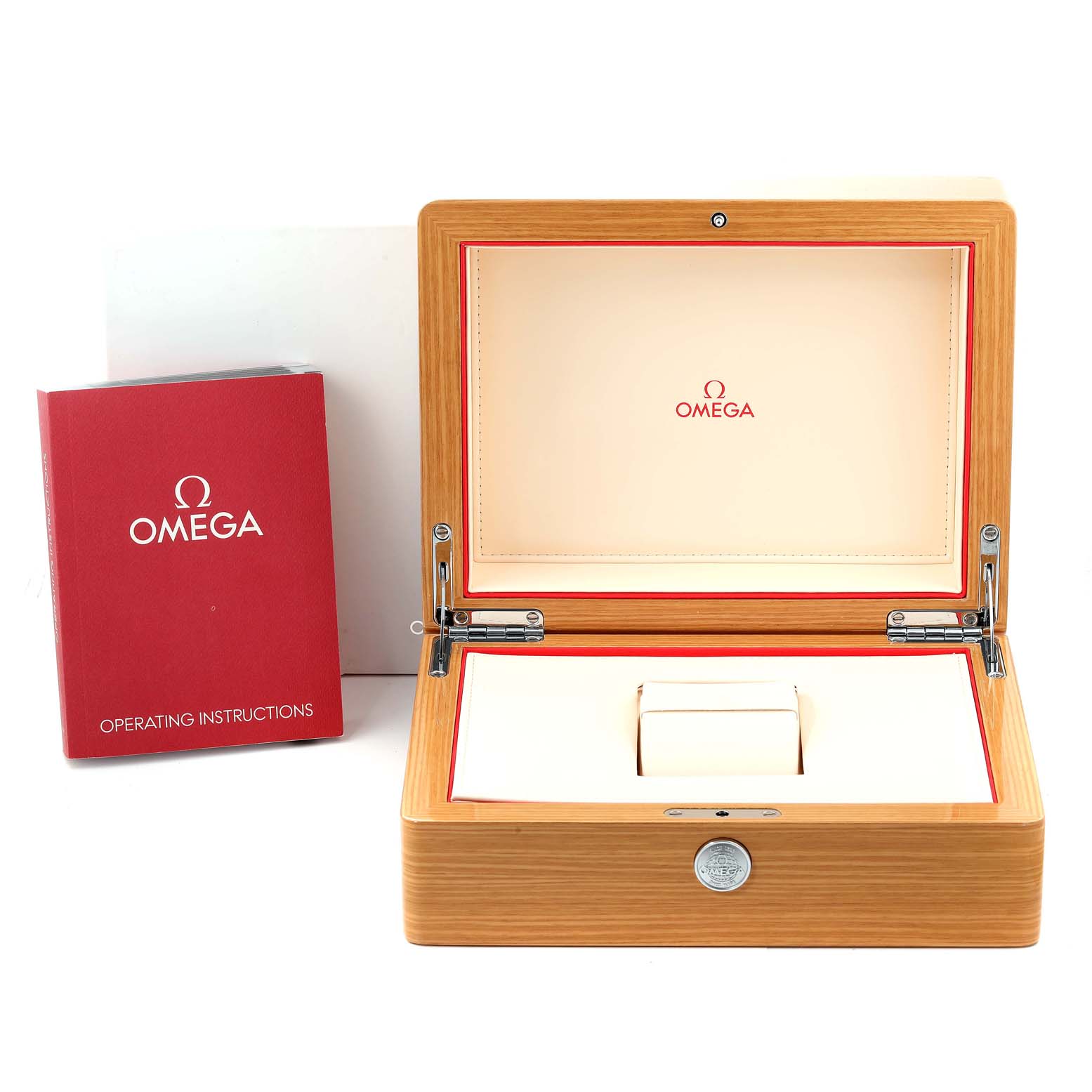 The image shows an open Omega Speedmaster 321.53.42.50.01.001 Men's Rose Gold Black Dial 321.53.42.50.01.001 Men's Rose Gold Black Dial watch box and red operating instructions book from a front angle.