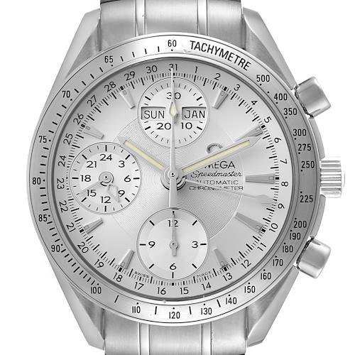 The image shows a frontal view of an Omega Speedmaster 3221.30.00 Men's Stainless Steel Silver Dial 3221.30.00 Men's Stainless Steel Silver Dial watch, highlighting the dial, subdials, and tachymeter bezel.