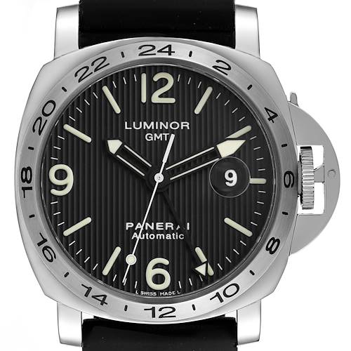 The Panerai Luminor PAM00029 Men's Stainless Steel Black Dial PAM00029 Men's Stainless Steel Black Dial watch is shown from the front, highlighting the dial, hands, date window, and crown guard.