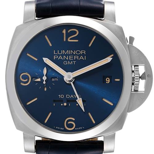 The image shows a front view of a Panerai Luminor PAM00986 Men's Stainless Steel Blue Dial PAM00986 Men's Stainless Steel Blue Dial watch, highlighting its blue dial, hour markers, and the crown guard.