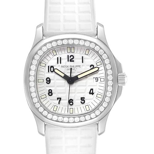 The image shows a front view of the Patek Philippe Aquanaut 5067 Women's Stainless Steel White Dial 5067 Women's Stainless Steel White Dial watch, featuring its textured dial, diamond bezel, and white strap.