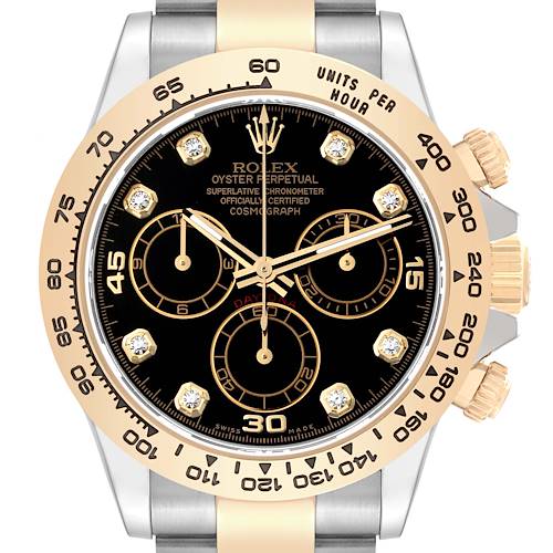 The image shows a Rolex Daytona 116503 Men's Steel and Gold (two tone) Black Dial 116503 Men's Steel and Gold (two tone) Black Dial watch front view, focusing on its dial, bezel, and part of the bracelet.