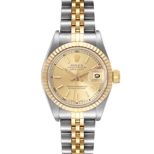 This is a frontal view of a Rolex Datejust 69173 Women's Steel and Gold (two tone) Beige Dial 69173 Women's Steel and Gold (two tone) Beige Dial watch, showcasing the dial, bezel, and bracelet.