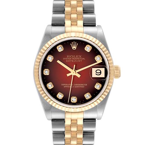 The image shows a front view of a Rolex Oyster Perpetual Datejust Mid-Size watch with a two-tone bracelet and diamond hour markers.