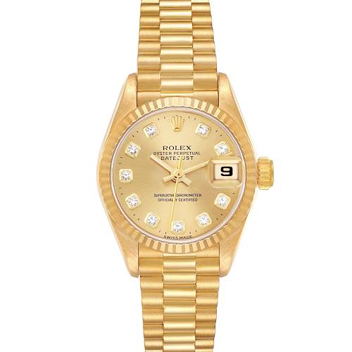 This image shows a front view of a Rolex President 69178 Women's Yellow Gold Beige Dial 69178 Women's Yellow Gold Beige Dial model watch, highlighting its dial, bracelet, date window, and crown.