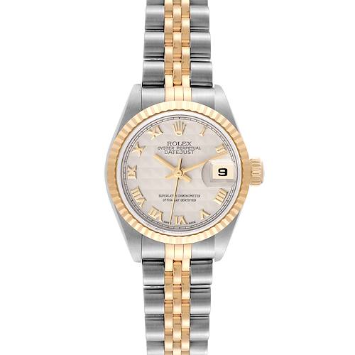 This image shows a front angle view of the Rolex Datejust 79173 Women's Steel and Gold (two tone) Beige Dial 79173 Women's Steel and Gold (two tone) Beige Dial watch with a two-tone metal band and date feature visible.