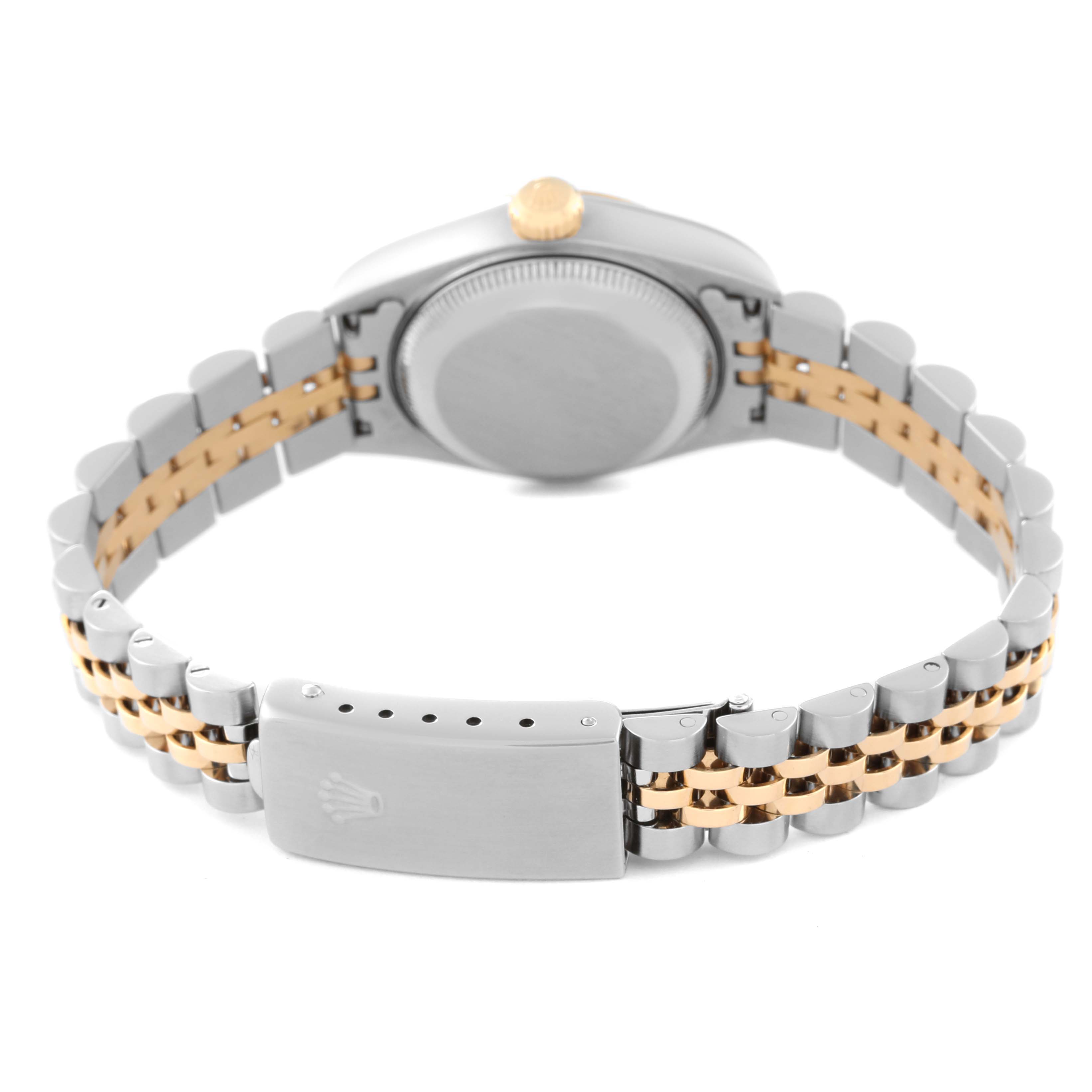 The image shows the back view of a Rolex Datejust 79173 Women's Steel and Gold (two tone) Beige Dial 79173 Women's Steel and Gold (two tone) Beige Dial watch, focusing on its case and bi-metal bracelet with clasp.
