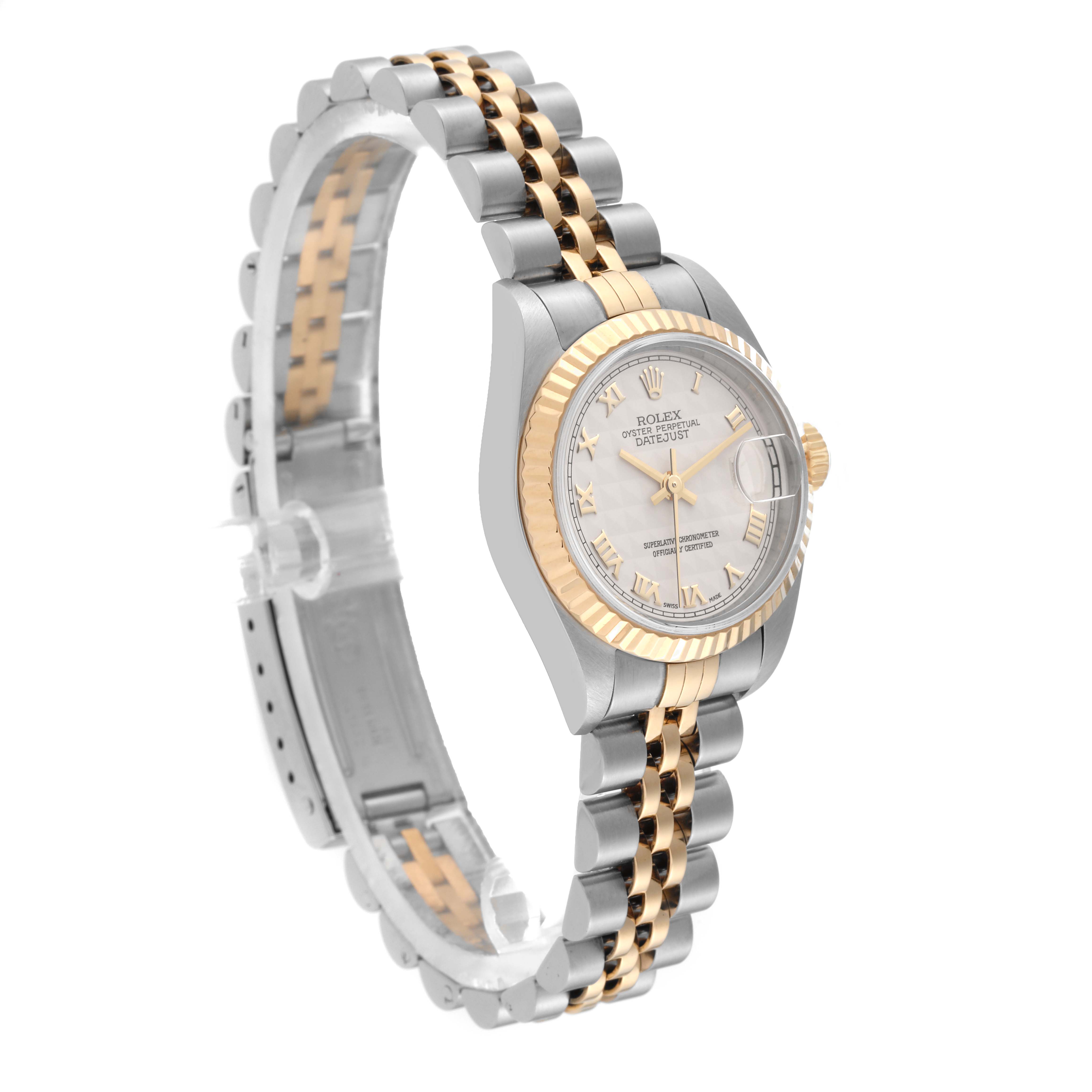 The image shows a Rolex Datejust 79173 Women's Steel and Gold (two tone) Beige Dial 79173 Women's Steel and Gold (two tone) Beige Dial watch from a three-quarter angle, highlighting its face, bezel, crown, and two-tone bracelet.