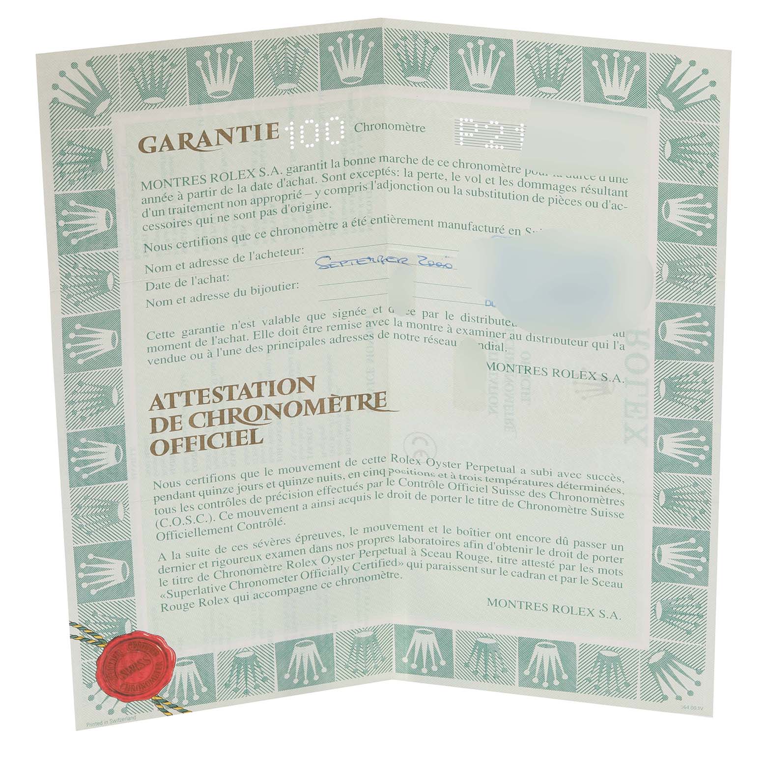 The image shows a warranty certificate for a Rolex Datejust 79173 Women's Steel and Gold (two tone) Beige Dial 79173 Women's Steel and Gold (two tone) Beige Dial watch.