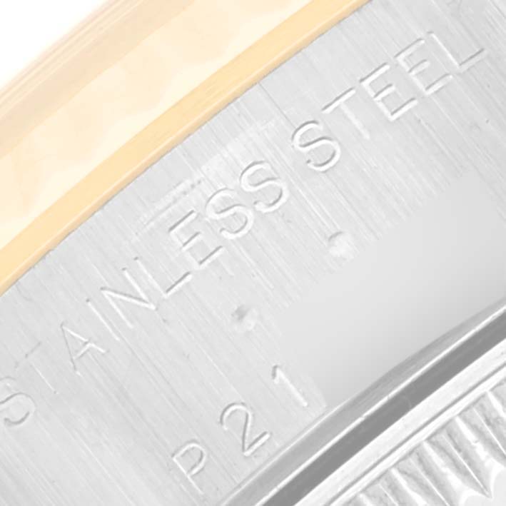 The image shows a close-up view of the stainless steel and gold bezel on a Rolex Datejust 79173 Women's Steel and Gold (two tone) Beige Dial 79173 Women's Steel and Gold (two tone) Beige Dial watch.