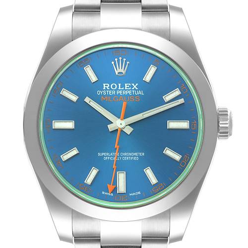 The image shows a frontal view of a Rolex Milgauss 116400 Men's Stainless Steel Blue Dial 116400 Men's Stainless Steel Blue Dial watch, highlighting its blue dial, orange lightning bolt second hand, and stainless steel bracelet.