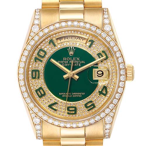 This image shows a close-up, front view of the Rolex President 118388 Men's Yellow Gold Green Dial 118388 Men's Yellow Gold Green Dial watch, highlighting its green dial, date display, and diamond-studded bezel.