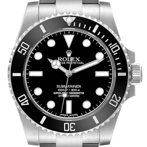 The image shows a front view of a Rolex Submariner 114060 Men's Stainless Steel Black Dial 114060 Men's Stainless Steel Black Dial watch, highlighting the dial, bezel, and a portion of the bracelet.