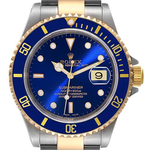 The image shows a front view of the Rolex Submariner 16613 Men's Steel and Gold (two tone) Blue Dial 16613 Men's Steel and Gold (two tone) Blue Dial watch, highlighting the blue dial, date window, bezel, and crown.