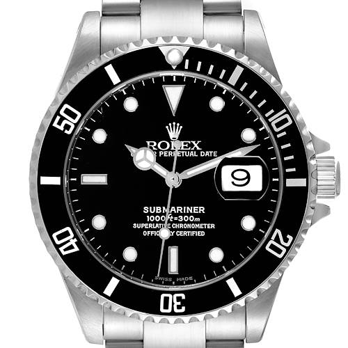 The image shows a front view of a Rolex Submariner 16610 Men's Stainless Steel Black Dial 16610 Men's Stainless Steel Black Dial watch, highlighting the dial, bezel, and part of the bracelet.