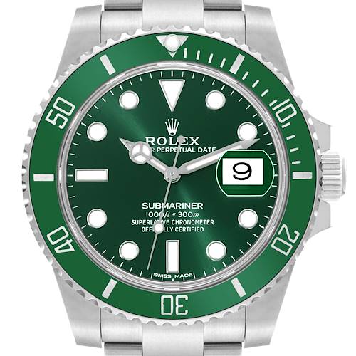 This image shows a close-up of the Rolex Submariner 116610LV Men's Stainless Steel Green Dial 116610LV Men's Stainless Steel Green Dial's green dial, bezel, date window, and part of the bracelet.