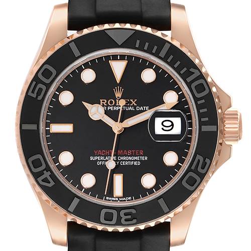 This image shows a front view of the Rolex Yacht-Master 116655 Men's Rose Gold Black Dial 116655 Men's Rose Gold Black Dial watch, highlighting the dial, bezel, and crown.