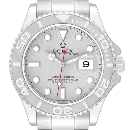 The image shows a front view of a Rolex Yacht-Master 16622 Men's Stainless Steel Silver Dial 16622 Men's Stainless Steel Silver Dial watch, displaying the dial, bezel, crown, and bracelet.