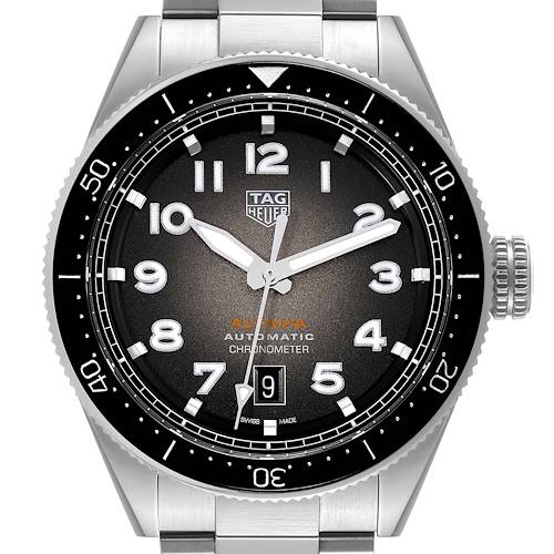 The image shows a front view of a Tag Heuer Autavia WBE5114.EB0173 Men's Stainless Steel Brown Dial WBE5114.EB0173 Men's Stainless Steel Brown Dial watch, highlighting its dial, bezel, hands, and date window.