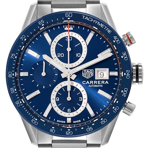 The image shows a front view of a Tag Heuer Carrera CBM2112.BA0651 Men's Stainless Steel Blue Dial CBM2112.BA0651 Men's Stainless Steel Blue Dial model watch with a blue dial and tachymeter bezel.
