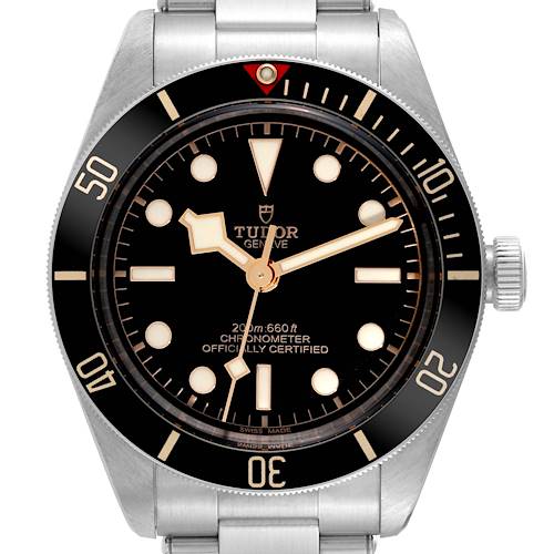 This image shows a front view of the Tudor Heritage Black Bay 79030N Men's Stainless Steel Black Dial 79030N Men's Stainless Steel Black Dial watch, including the bezel, dial, hands, and part of the bracelet.