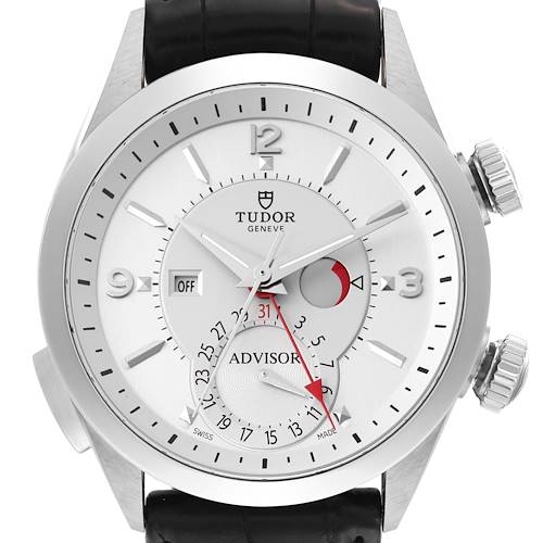 The Tudor Heritage Advisor M79620T-0001 Men's Stainless Steel Silver Dial M79620T-0001 Men's Stainless Steel Silver Dial watch is shown from the front, displaying the face, hands, numerals, and upper part of the strap.