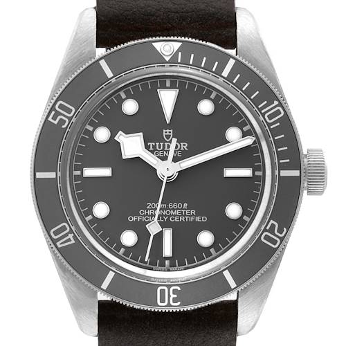 This image shows a front view of a Tudor Heritage Black Bay M79010SG-0002 Men's Stainless Steel Grey Dial M79010SG-0002 Men's Stainless Steel Grey Dial watch, highlighting its bezel, dial, hands, and part of the leather strap.