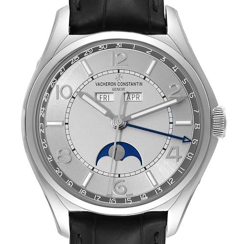 The image shows a front view of the Vacheron Constantin Fiftysix 4000E/000A-B439 Men's Stainless Steel Silver Dial 4000E/000A-B439 Men's Stainless Steel Silver Dial model watch, highlighting its dial, hands, date display, and moon phase indicator.