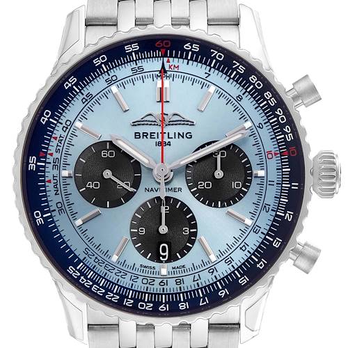 The image shows a front view of the Breitling Navitimer AB0138 Men's Stainless Steel Blue Dial AB0138 Men's Stainless Steel Blue Dial, highlighting its dial, subdials, bezel, and bracelet.