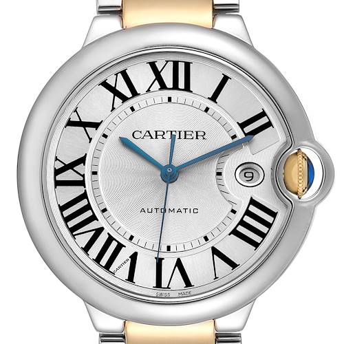 The image shows a close-up of the Cartier Ballon Bleu W69009Z3 Men's Steel and Gold (two tone) Silver Dial W69009Z3 Men's Steel and Gold (two tone) Silver Dial watch face, highlighting the Roman numerals, hands, and signature crown.