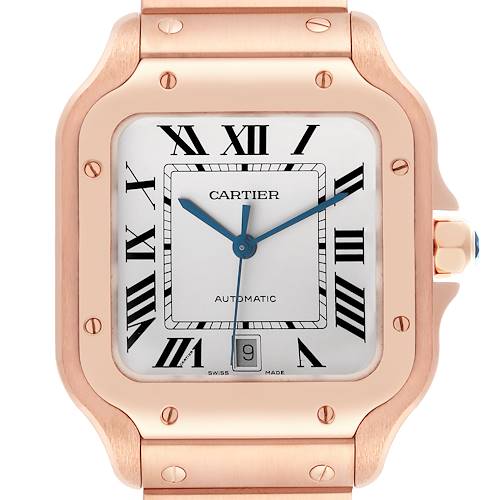 The Cartier Santos WGSA0018 Men's Rose Gold Silver Dial WGSA0018 Men's Rose Gold Silver Dial watch is shown from the front, highlighting the dial, bezel, and part of the bracelet.