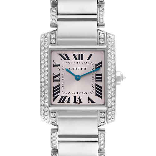 The Cartier Tank Française watch is shown from the front, highlighting the square face, Roman numerals, and diamond-accented bezel.
