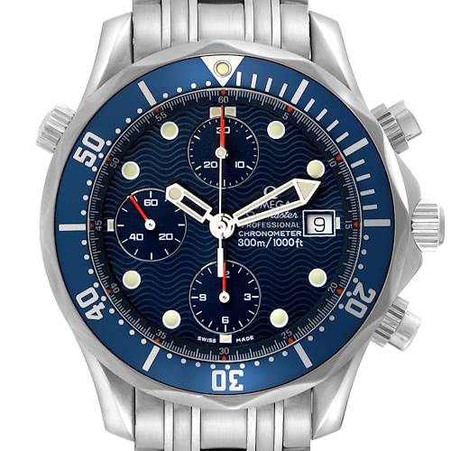 The Omega Seamaster 2599.80.00 Men's Stainless Steel Blue Dial 2599.80.00 Men's Stainless Steel Blue Dial watch is shown from the front, highlighting the dial, bezel, and metal bracelet.
