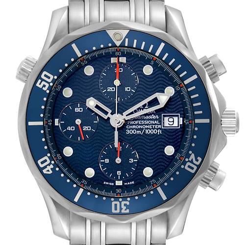 The image shows a front view of the Omega Seamaster 2599.80.00 Men's Stainless Steel Blue Dial 2599.80.00 Men's Stainless Steel Blue Dial, highlighting the dial, bezel, and date window.