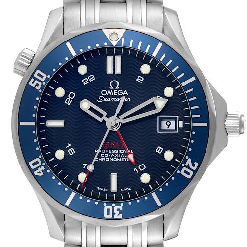 The Omega Seamaster 2535.80.00 Men's Stainless Steel Blue Dial 2535.80.00 Men's Stainless Steel Blue Dial watch is shown from a frontal angle, displaying the dial, bezel, hands, and part of the bracelet.