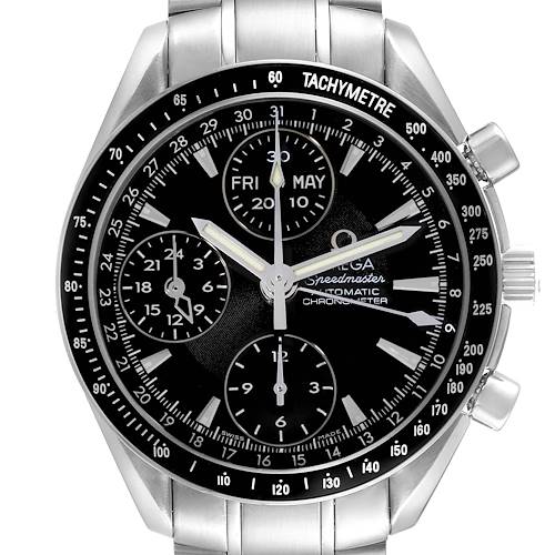 The image shows a front view of the Omega Speedmaster 3220.50.00 Men's Stainless Steel Black Dial 3220.50.00 Men's Stainless Steel Black Dial, highlighting the dial, tachymeter bezel, and pushers.