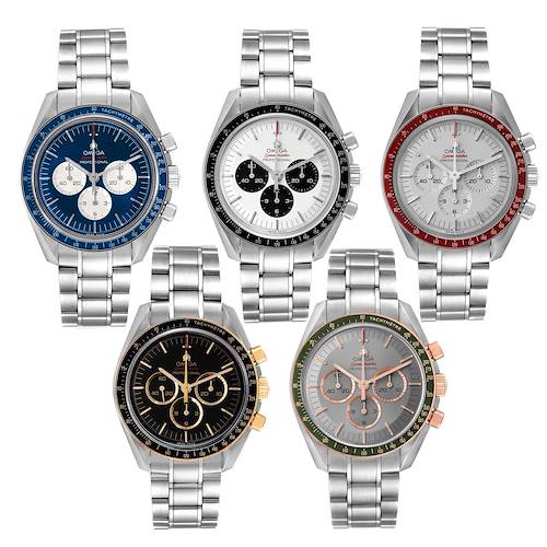 The image shows five Omega Speedmaster 522.30.42.30.03.001 Men's Stainless Steel Black Dial 522.30.42.30.03.001 Men's Stainless Steel Black Dial watches from a top-down angle, highlighting various dial and bezel color combinations.