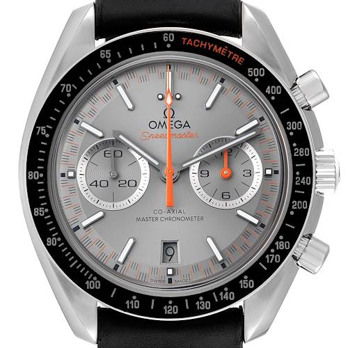 The image shows a frontal view of the Omega Speedmaster 329.32.44.51.06.001 Men's Stainless Steel Silver Dial 329.32.44.51.06.001 Men's Stainless Steel Silver Dial, highlighting the dial, sub-dials, tachymeter bezel, and pushers.