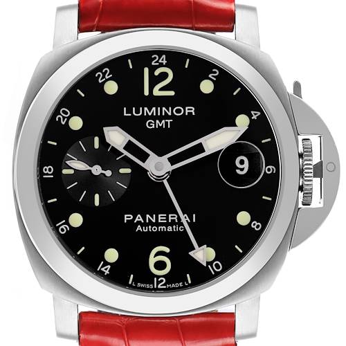 The Panerai Luminor PAM00159 Men's Stainless Steel Black Dial PAM00159 Men's Stainless Steel Black Dial watch is shown from the front, displaying its face, bezel, crown guard, and red strap.