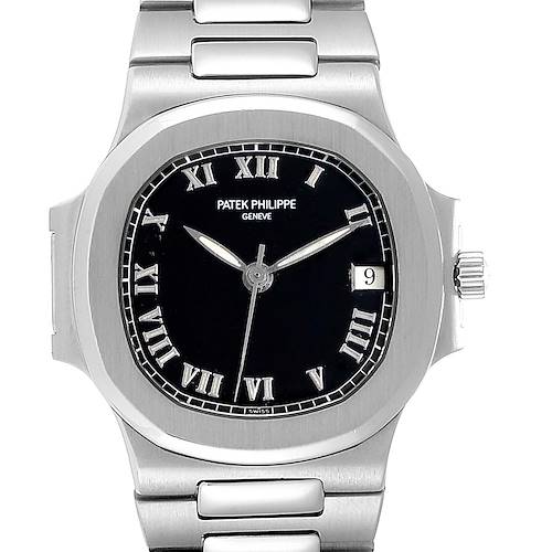 The image shows a front view of a Patek Philippe Nautilus 3800/1 Men's Stainless Steel Black Dial 3800/1 Men's Stainless Steel Black Dial watch, highlighting the face, hands, and part of the bracelet.
