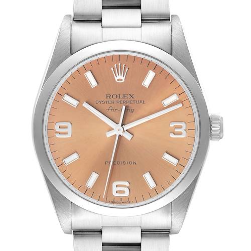 This is a front view of a Rolex Air-King 14000 Men's Stainless Steel Pink Dial 14000 Men's Stainless Steel Pink Dial watch showcasing the dial, hour markers, crown, and part of the bracelet.