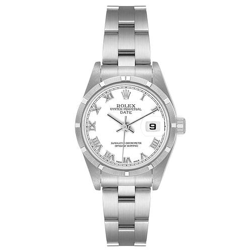 This image shows a front view of the Rolex Date 79190 Women's Stainless Steel White Dial 79190 Women's Stainless Steel White Dial watch, displaying its dial, bezel, crown, and bracelet.