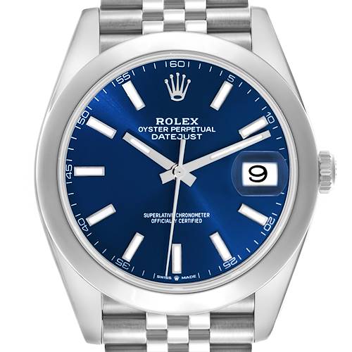 The Rolex Datejust 41 126300 Men's Stainless Steel Blue Dial 126300 Men's Stainless Steel Blue Dial is shown from the front, displaying its blue dial, hour markers, hands, date, and part of the bracelet.