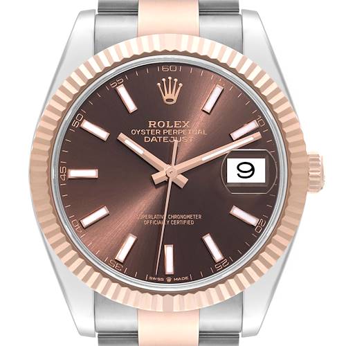 The image shows a frontal view of a Rolex Datejust 41 126331 Men's Steel and Gold (two tone) Brown Dial 126331 Men's Steel and Gold (two tone) Brown Dial watch displaying the face, bezel, crown, and part of the bracelet.