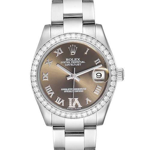 This image shows a frontal view of a Rolex Mid-Size 178384 Women's Stainless Steel Brown Dial 178384 Women's Stainless Steel Brown Dial Oyster Perpetual Datejust, displaying the face, bezel, and part of the bracelet.