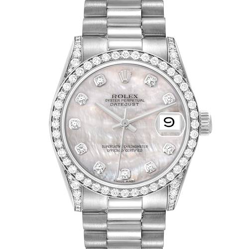 The image shows a frontal view of the Rolex Mid-Size Oyster Perpetual Datejust watch, displaying the dial, bezel, bracelet, and crown.