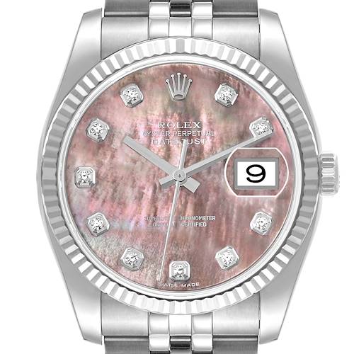 This image shows a front view of a Rolex Datejust 116234 Men's Stainless Steel Mother of Pearl Dial 116234 Men's Stainless Steel Mother of Pearl Dial watch with a pink mother-of-pearl dial and diamond markers.