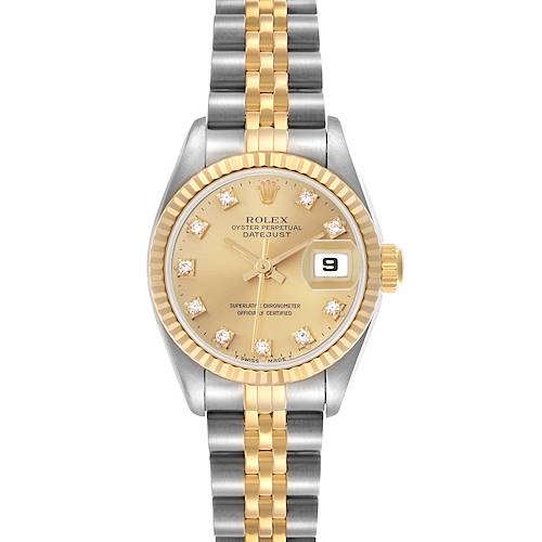 The Rolex Datejust 69173 Women's Steel and Gold (two tone) Champagne Dial 69173 Women's Steel and Gold (two tone) Champagne Dial is shown from a top-down angle, displaying its dial, bezel, and two-tone bracelet.