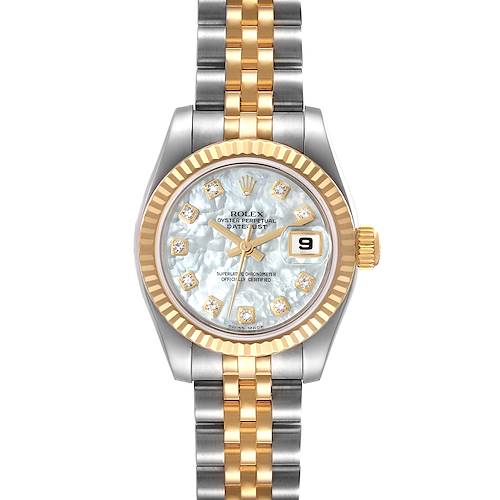 This image shows a Rolex Datejust 179173 Women's Steel and Gold (two tone) Mother of Pearl Dial 179173 Women's Steel and Gold (two tone) Mother of Pearl Dial watch from a front angle, featuring its face, dial, and two-tone Jubilee bracelet.