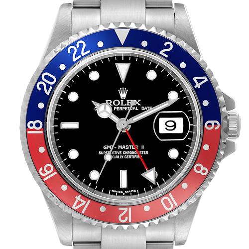 The image shows a frontal view of the Rolex GMT-Master 16710 Men's Stainless Steel Black Dial 16710 Men's Stainless Steel Black Dial II watch, displaying the bezel, dial, hands, and date window.
